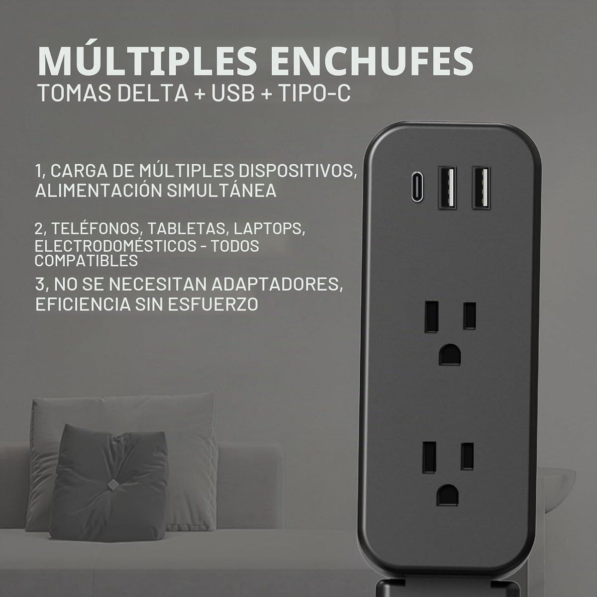 Extensor de toma de corriente eléctrica: cuenta con USB-A, USB-C y 2 salidas de CA, se extiende de 22 a 34 pulgadas, gira tomas de acceso de 180° de difícil acceso, enchufe de pared, mesitas de noche