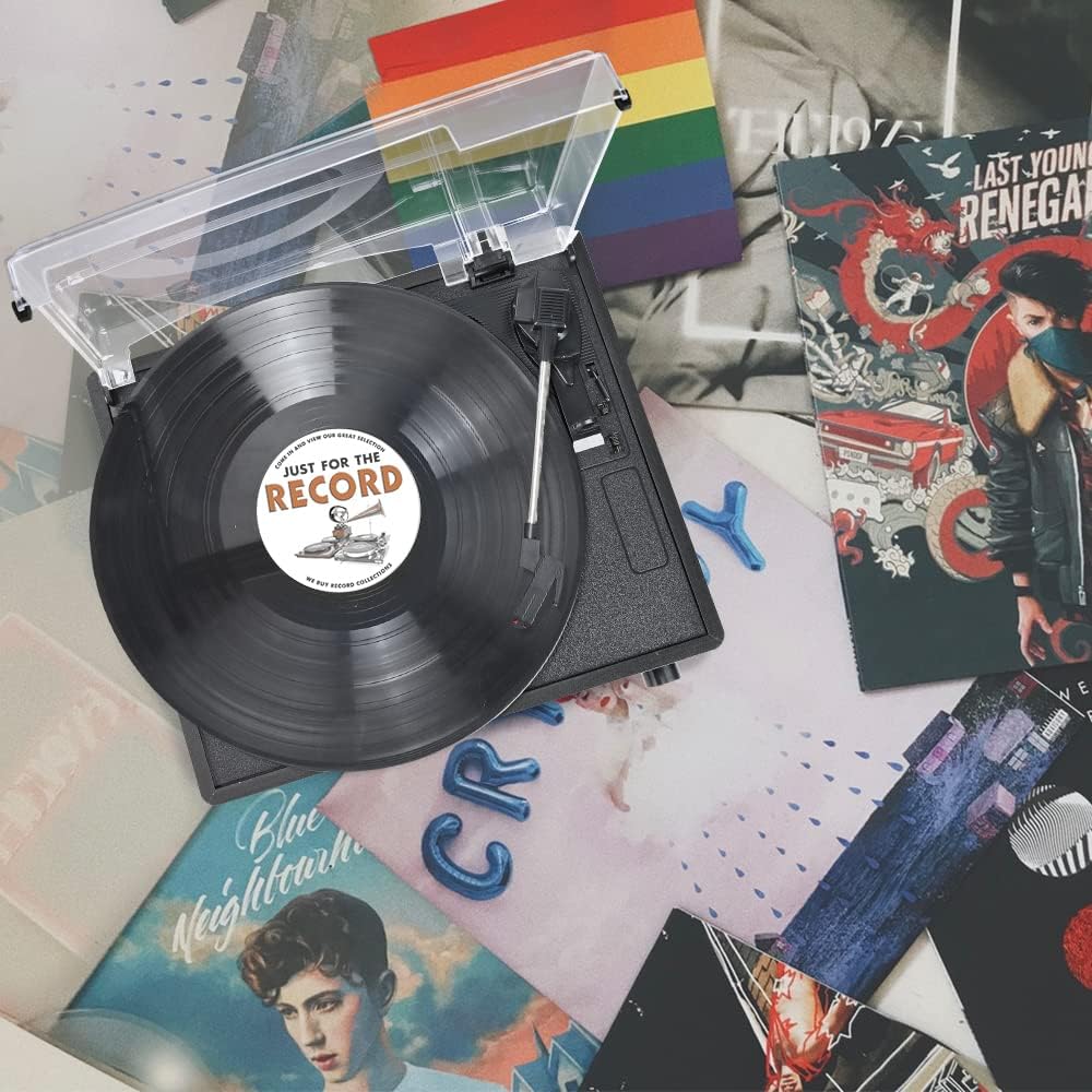 Tocadiscos de vinilo con altavoces, tocadiscos vintage para discos de vinilos, mesa giratoria accionada por correa, soporte de 3 velocidades, reproducción inalámbrica, auriculares, entrada AUX, línea
