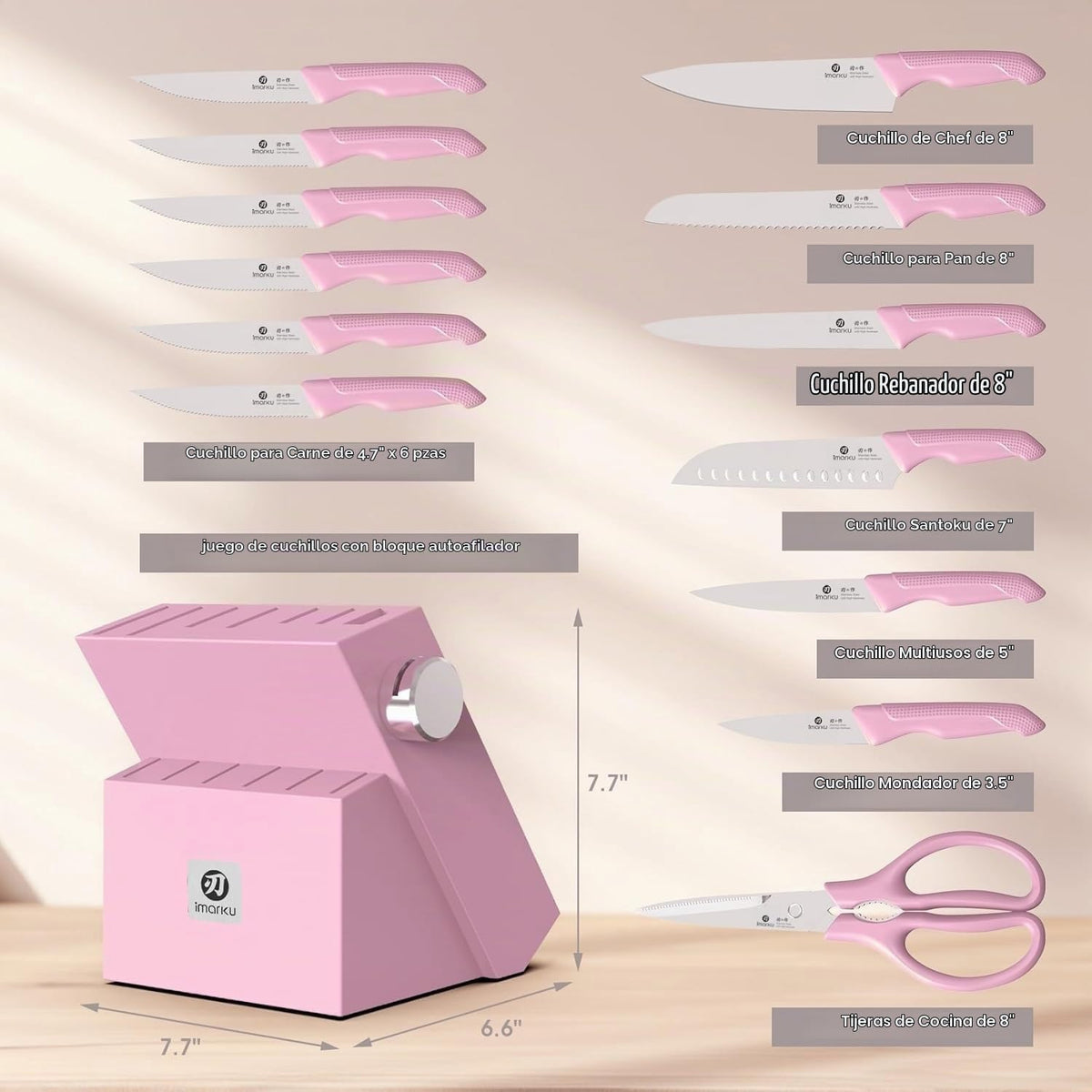 imarku Juego de 14 cuchillos con bloque, juego de cuchillos de cocina de acero inoxidable con afilador integrado, cuchillos Deba con asas ergonómicas antideslizantes, aptos para lavavajillas, regalo