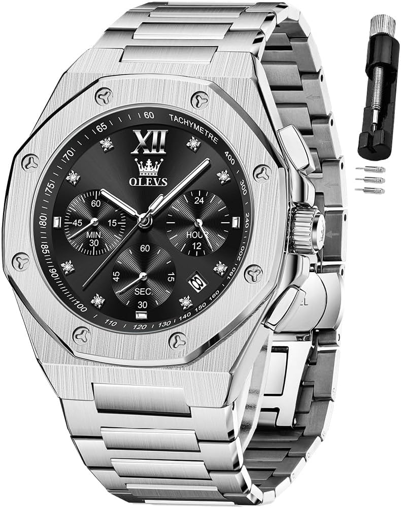 OLEVS Reloj para hombre Big Face Acero inoxidable Impermeable Luminoso Diamante