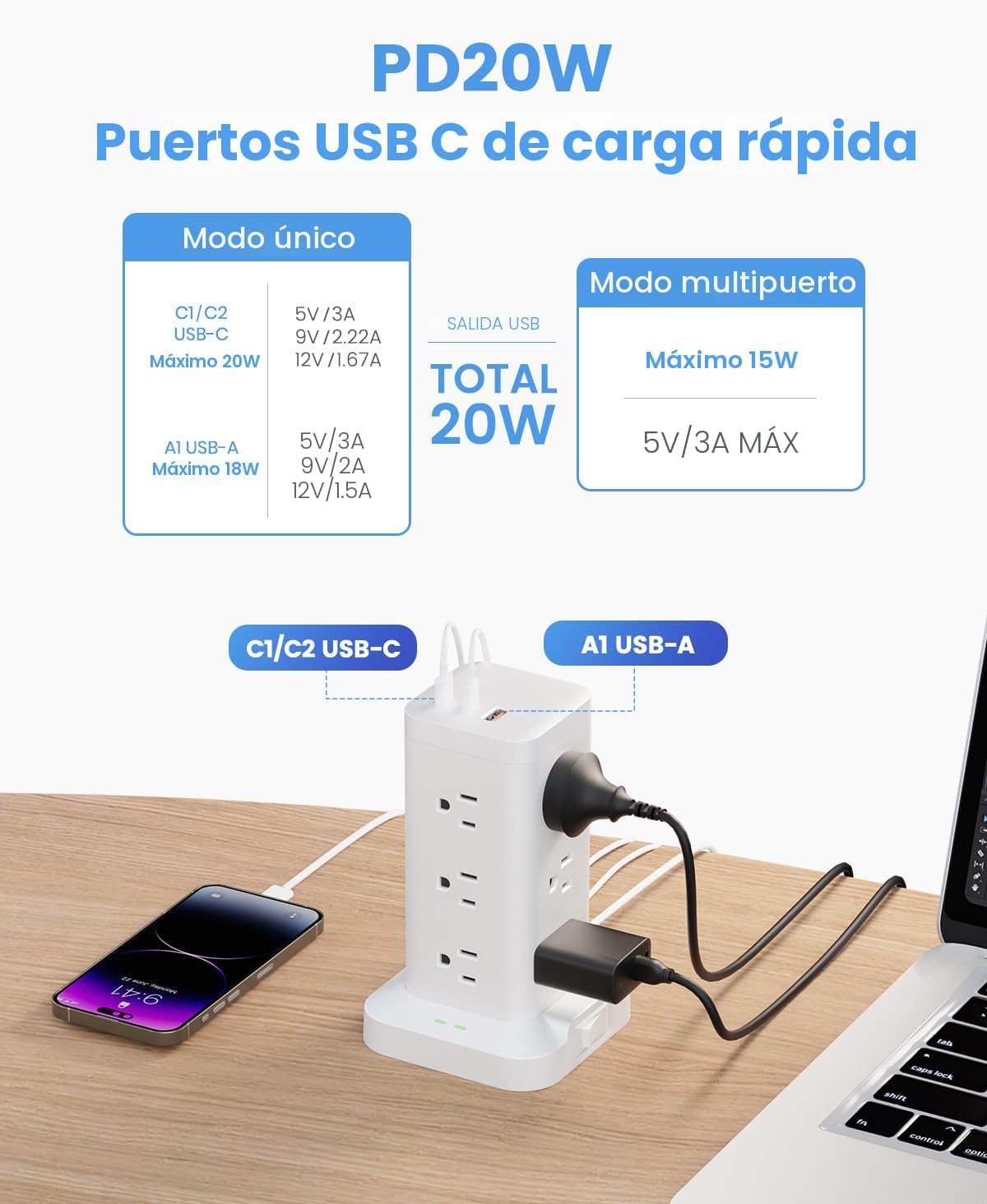 Regleta de alimentación 12AC 3USB, protector contra sobretensiones, cable de extensión de 10 pies, color blanco, 1