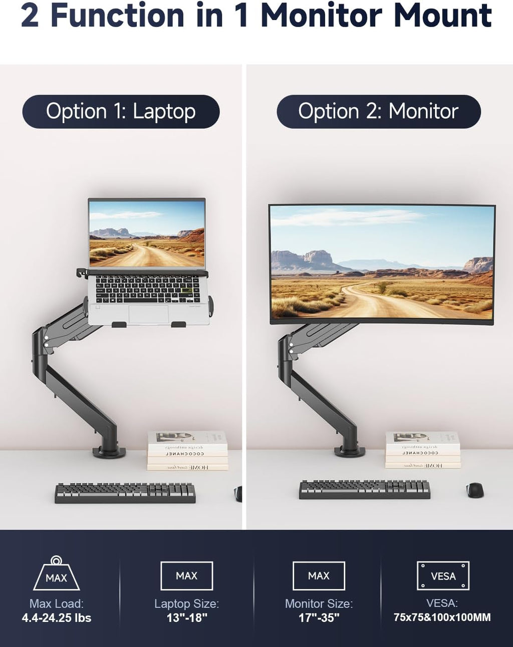 suptek - Soporte de escritorio para laptop, soporte de montaje para monitor y laptop totalmente ajustable para portátil de 13 a 18 pulgadas y pantalla de monitor de 17 a 35 pulgadas