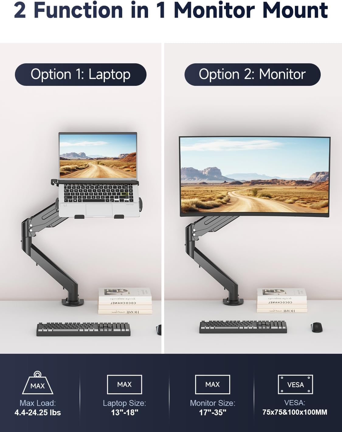 suptek - Soporte de escritorio para laptop, soporte de montaje para monitor y laptop totalmente ajustable para portátil de 13 a 18 pulgadas y pantalla de monitor de 17 a 35 pulgadas