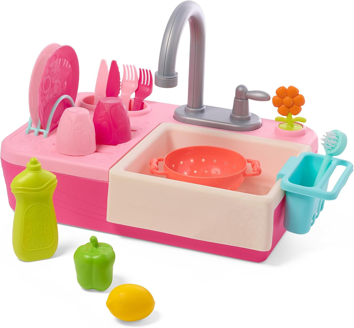 B. toys Splash-n-Scrub Sink, Pink Kitchen Sink Playset, 18-Piece