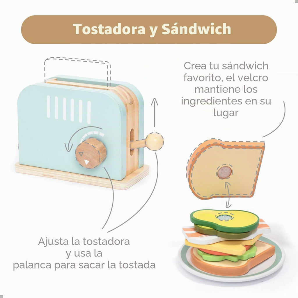 UMU® Tostadora de madera y juego de sándwiches – Incluye tostadora emergente, mantequilla rebanable, accesorios de cocina y más – Juguete de simulación para niños de 3 4 5 6 años