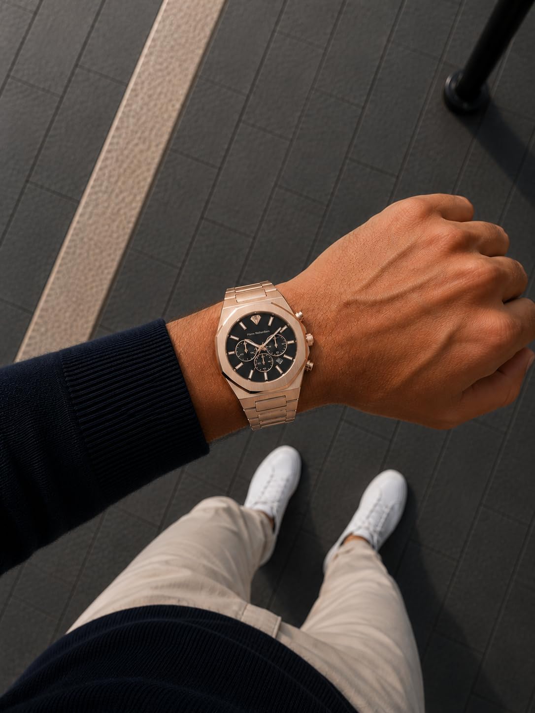 PIERRE RICHARDSON PR5812 Reloj para Hombre – Esfera Negra, Acero Inoxidable Dorado, Cuarzo, Cristal de Zafiro, 41mm, 5ATM
