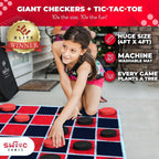 Swooc Games® - Juego de Damas Gigantes Vintage 2 en 1 y Tic Tac Toe con Tapete (4 pies x 4 pies) - Lona 100% Lavable a Máquina - Juegos Gigantes al Aire Libre para Niños - Juego de Patio para Niños