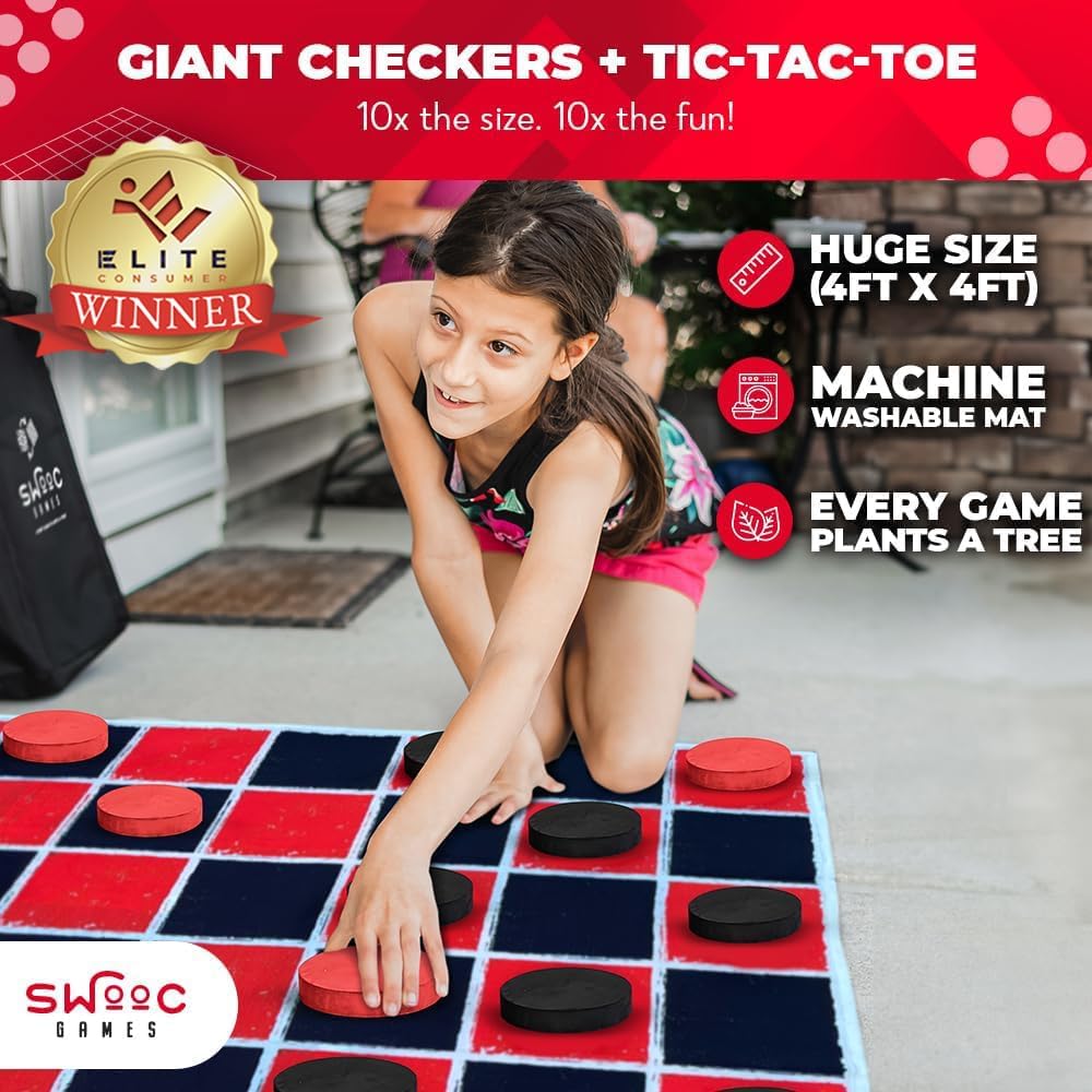 Swooc Games® - Juego de Damas Gigantes Vintage 2 en 1 y Tic Tac Toe con Tapete (4 pies x 4 pies) - Lona 100% Lavable a Máquina - Juegos Gigantes al Aire Libre para Niños - Juego de Patio para Niños