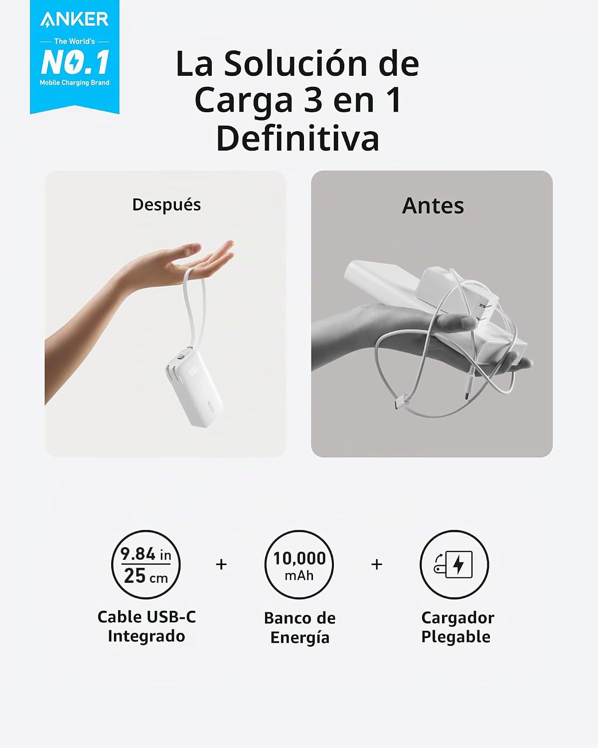 Anker Cargador portátil de 20,000 mAh con cable USB-C integrado con...