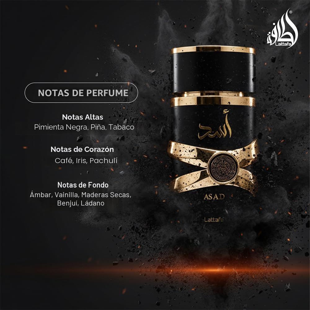 Lattafa Perfumes Asad para Unisex Eau de Parfum en spray, 3.4 onzas