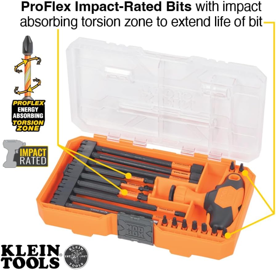 Klein Tools 33804 ProFlex juego de agarraderas en T con clasificación de impacto, intercambiables, con zona de torsión, soporte magnético para brocas, SAE, métrico, TORX