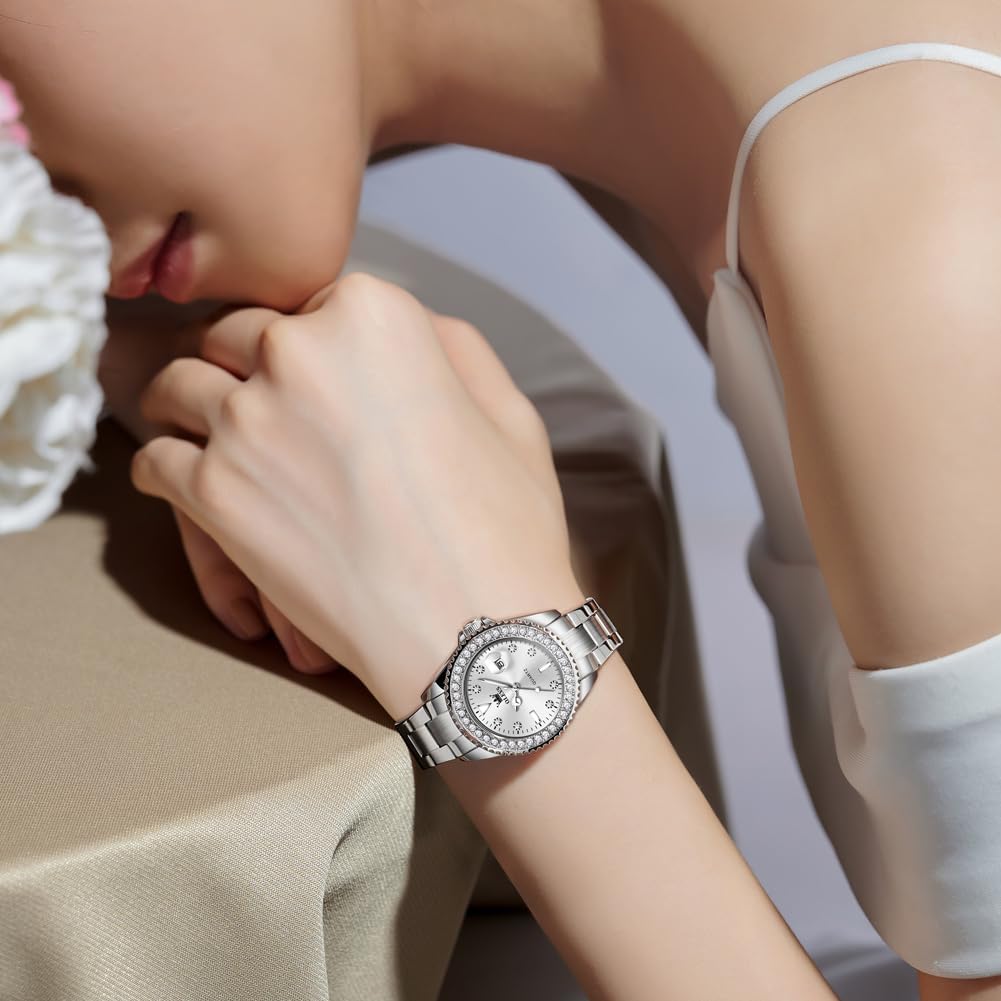 OLEVS Reloj para Mujer Plateado de Acero Inoxidable Elegante Analógico Lúmenes Visibles