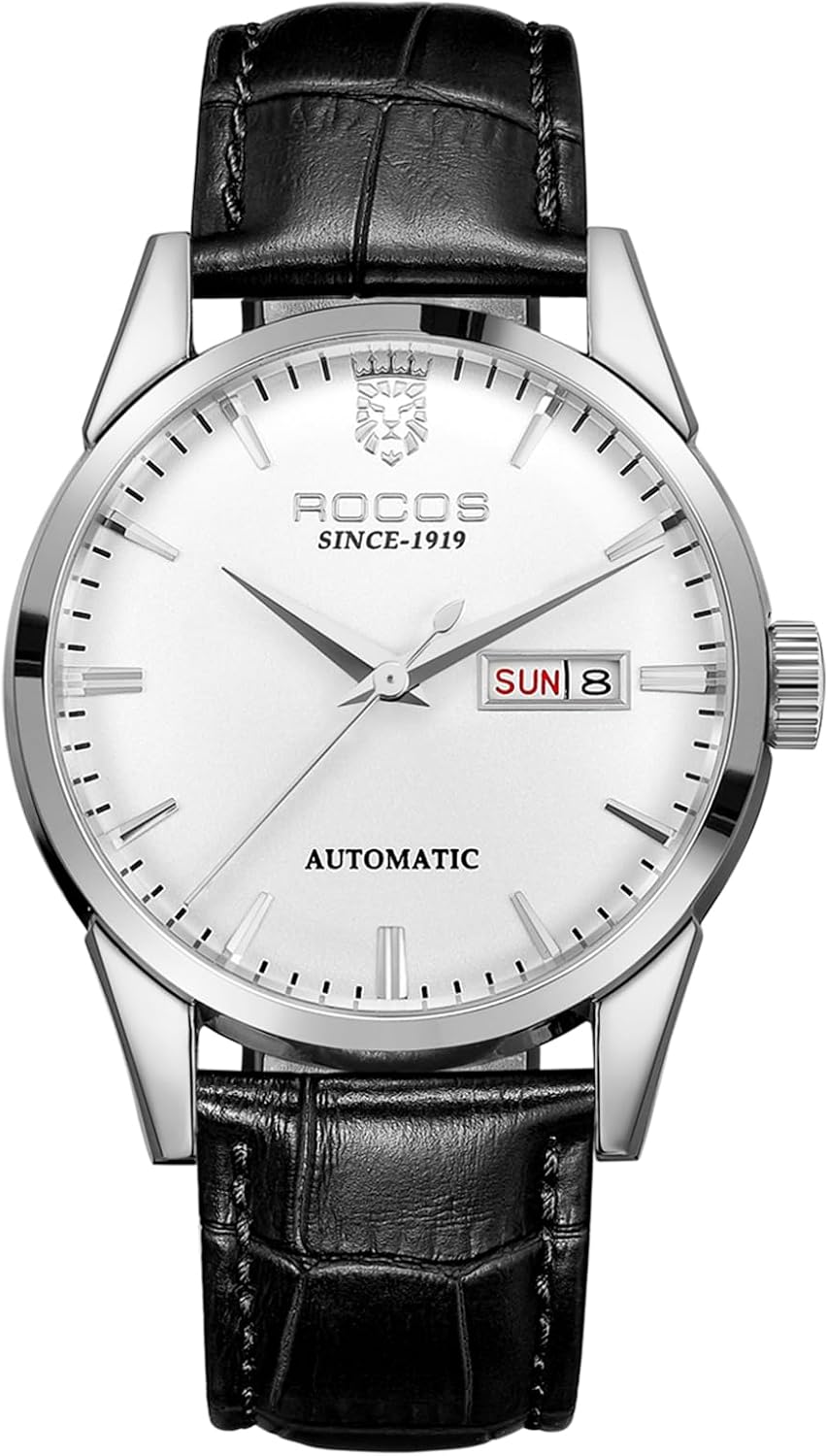 ROCOSJEWE Reloj mecánico automático para hombre, correa de cuero negro