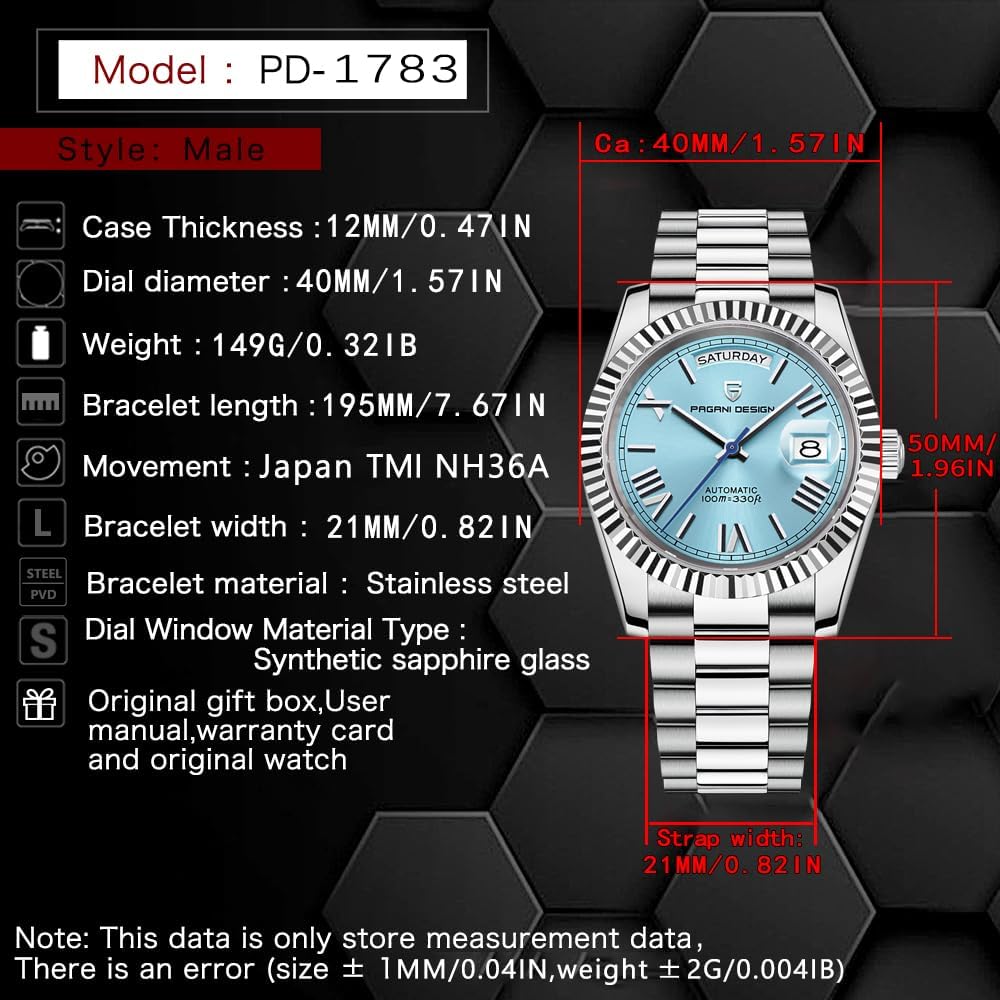 RollsTimi Pagani Design DD40 PD1783 - Reloj para hombre, NH36A, movimiento automático japonés, calendario día/fecha, pulsera de acero inoxidable, cristal de zafiro, reloj automático de lujo para