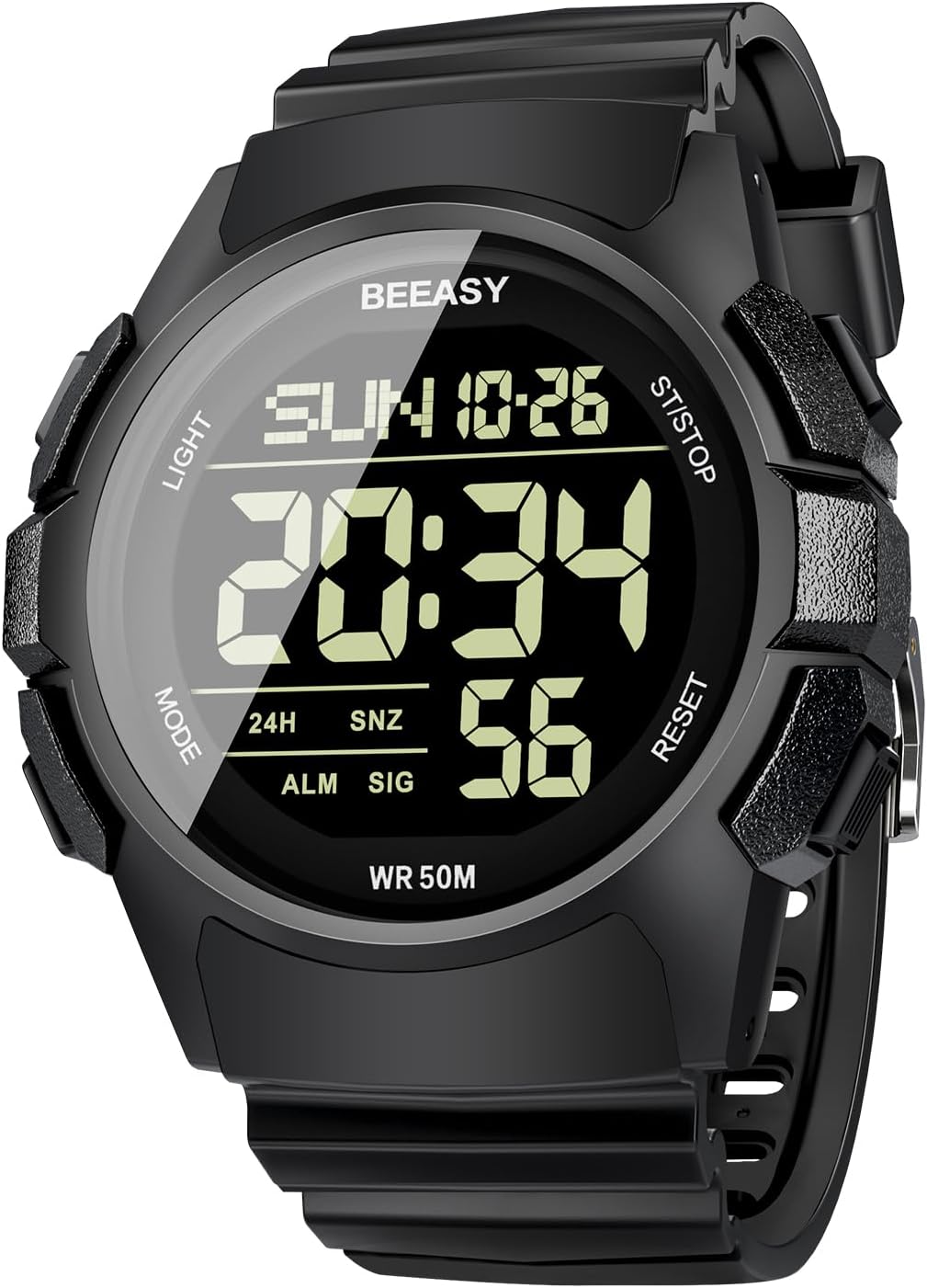 Beeasy Reloj deportivo digital para hombre, 164 ft, resistente al agua, correa de goma de 1.73 pulgadas, cronómetro, temporizador de cuenta regresiva, alarma y doble hora, ideal para deportes