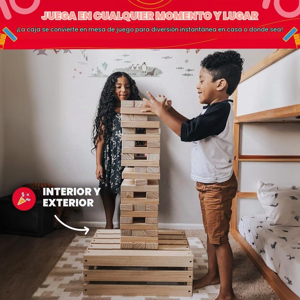 Splinter Woodworking - Juego de torre gigante Co | 60 bloques grandes | Caja de almacenamiento/mesa de juegos al aire libre | Comienza con más de 2.5 pies de altura | Altura máxima de 5 pies | Juegos de patio de superposición jumbo genuinos | Juego de