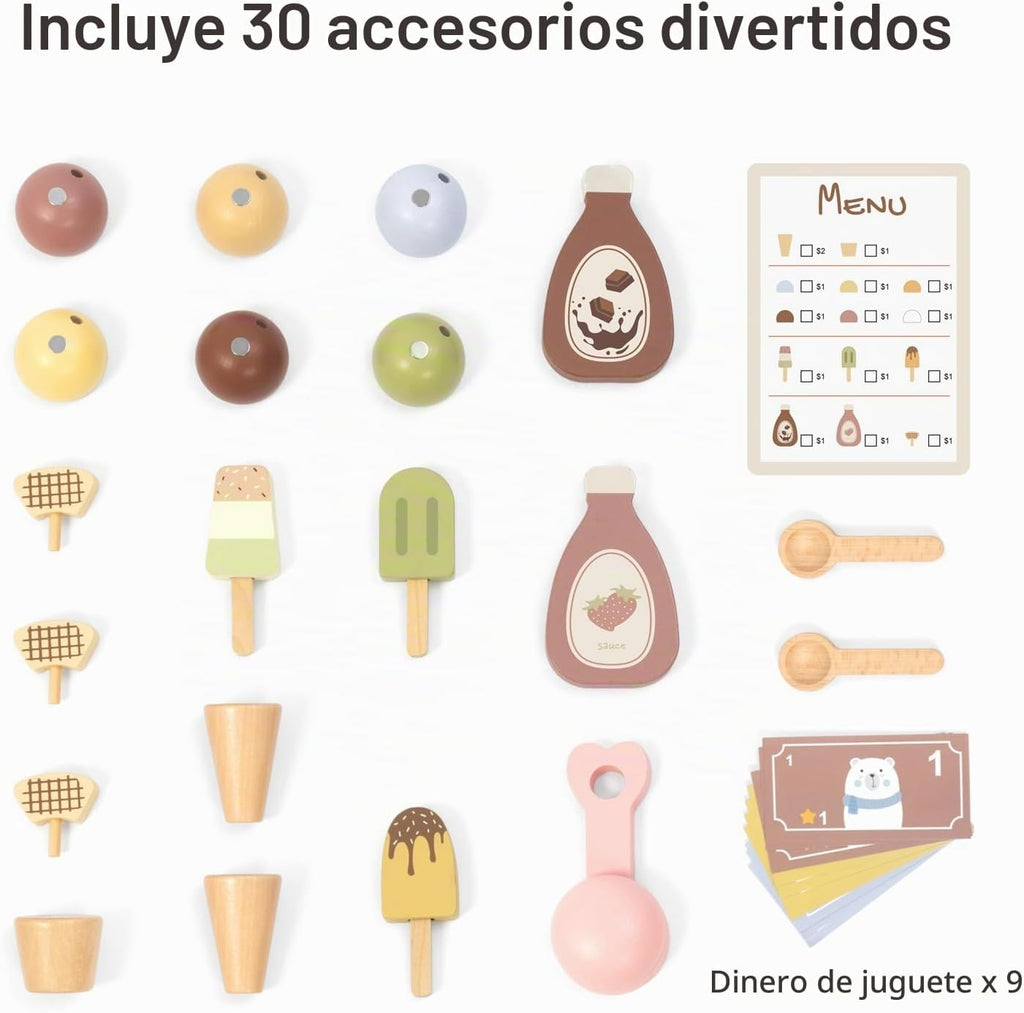 OOOK Carrito de helado de madera para niños con cuchara y ruedas
