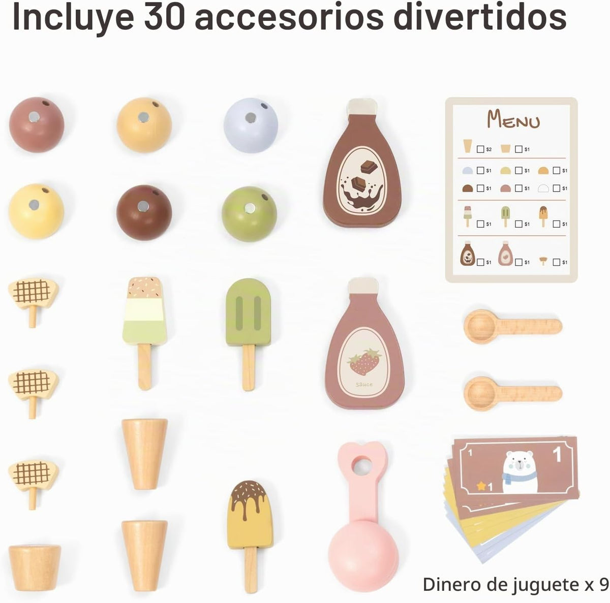 OOOK Carrito de helado de madera para niños con cuchara y ruedas
