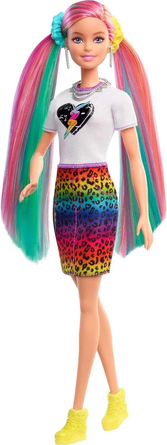 Barbie Muñeca de pelo arcoíris de leopardo con reflejos que cambian...