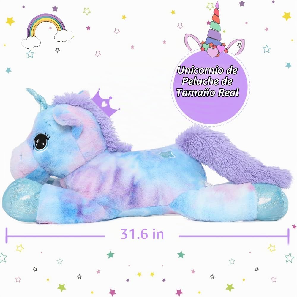 Muiteiur Animal de peluche de unicornio de 31.6 pulgadas, unicornio de peluche grande para niñas, almohada de felpa suave, regalos para niñas y niños, azul