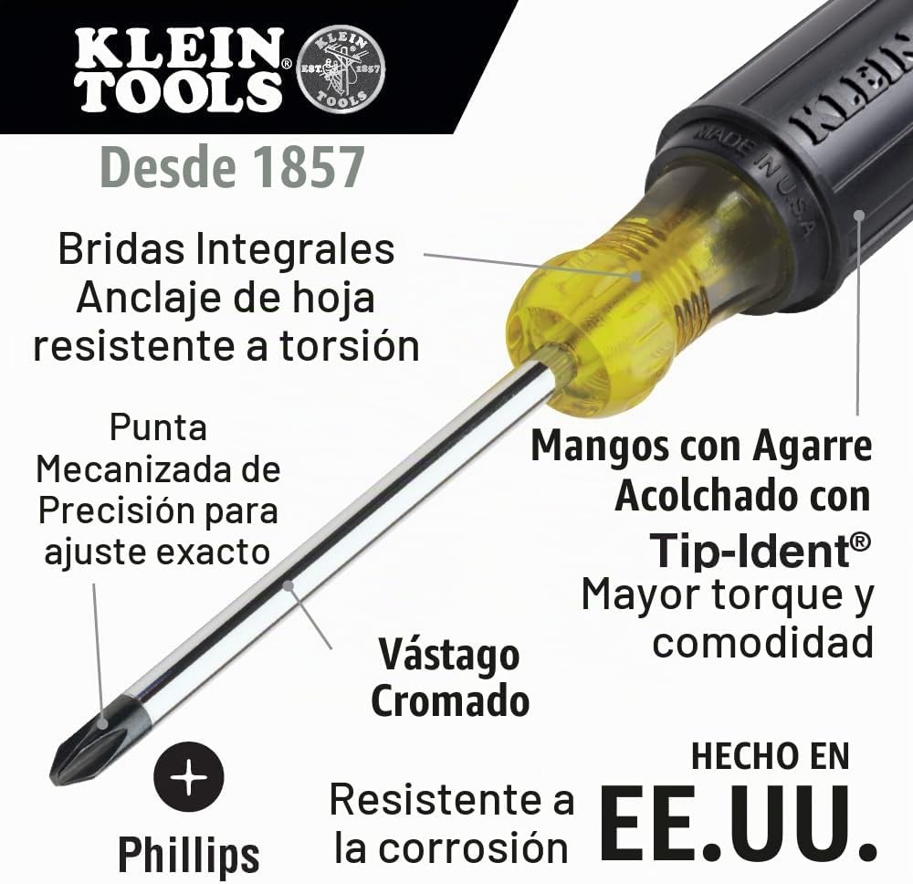 Klein Tools 85074 Juego de destornilladores de 6 piezas, fabricado en Estados Unidos, incluye 3 cabezales planos multiusos, 3 Phillips, comodidad de agarre acolchado