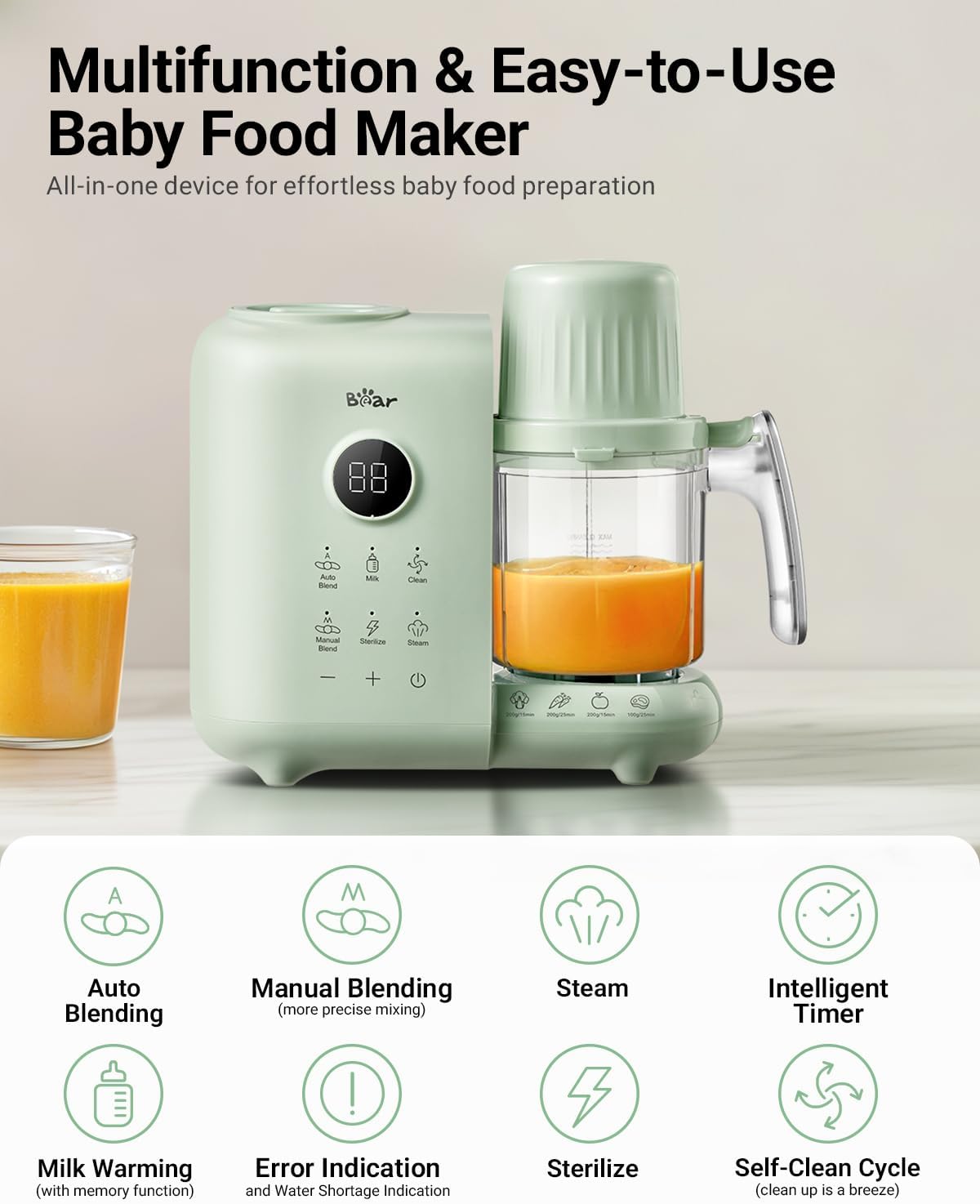 Bear Procesador de Alimentos para Bebé Vaporera y Licuadora con Canastas de Vapor de Doble Capa, 18.5 oz