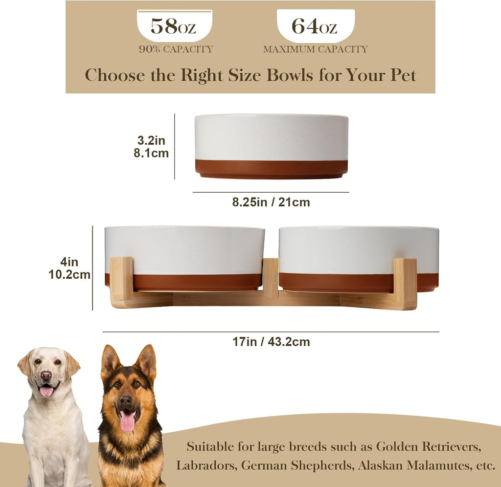 MALACASA Juego de cuencos para perros con soporte de madera, 6 tazas para alimentos y agua para perros de tamaño mediano a grande, cuencos de cerámica para mascotas con base antideslizante pesada, cuencos básicos para tu perro, 58 onzas