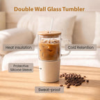 Vaso de vidrio de doble pared con asa y tapa con popote, taza de viaje aislada de 20 onzas para bebidas frías y calientes, vaso de vidrio transparente apto para portavasos