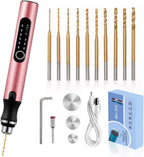 Mini taladro inalámbrico de 3 velocidades con 10 brocas pequeñas, tornillo de banco eléctrico recargable, juego de brocas de resina para fabricación de joyas, resina, plástico, madera, llaveros (PINK)
