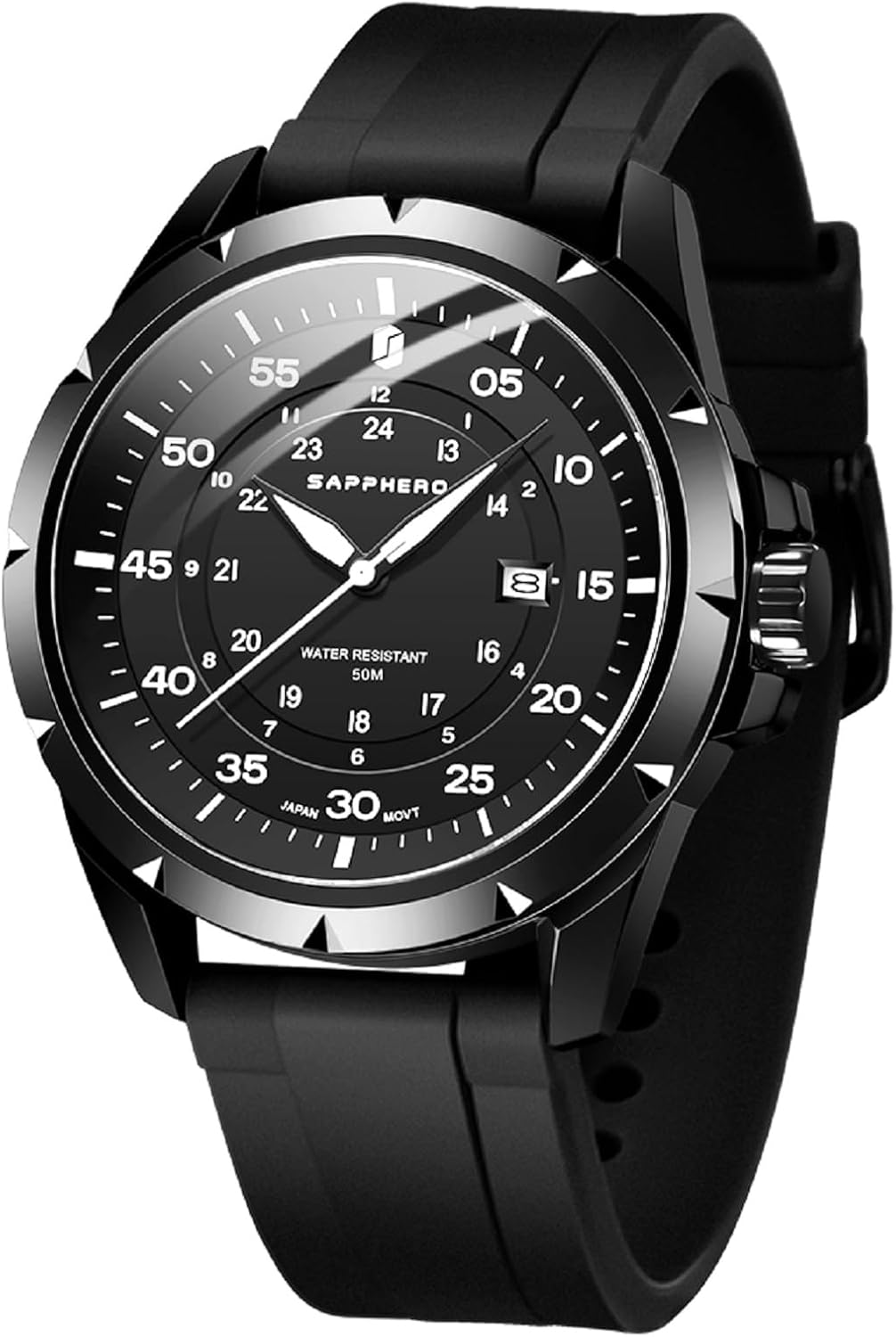 SAPPHERO Reloj analógico de cuarzo luminoso para hombre, 164 ft, resistente al agua, con fecha, casual, elegante, para trabajo, negocios, correa de silicona, relojes de pulsera para hombre