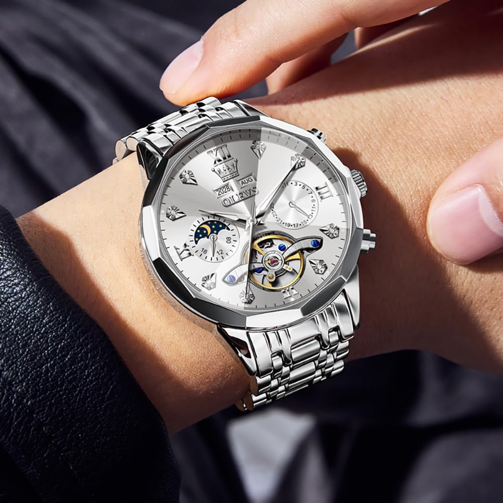 Reloj OLEVS Skeleton para Hombre Automático de Negocios Lujo con Diamante, Reloj Automático de Carga, Reloj de Pulsera con Calendario de Acero Inoxidable