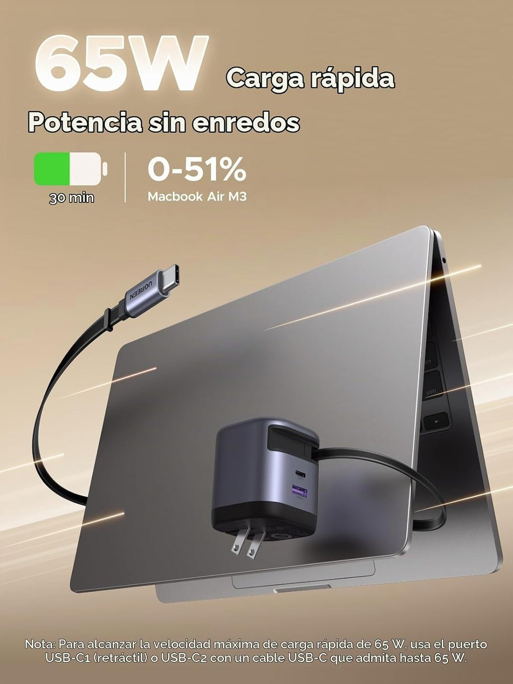 UGREEN Nexode - Bloque de cargador retráctil de 65 W, adaptador de carga