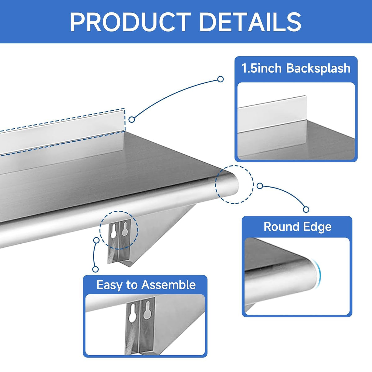ROCKPOINT Estante de acero inoxidable de 14 x 48 pulgadas, 380 libras, paquete de 2 estantes flotantes de montaje en pared comercial NSF con protector contra salpicaduras para restaurante, cocina