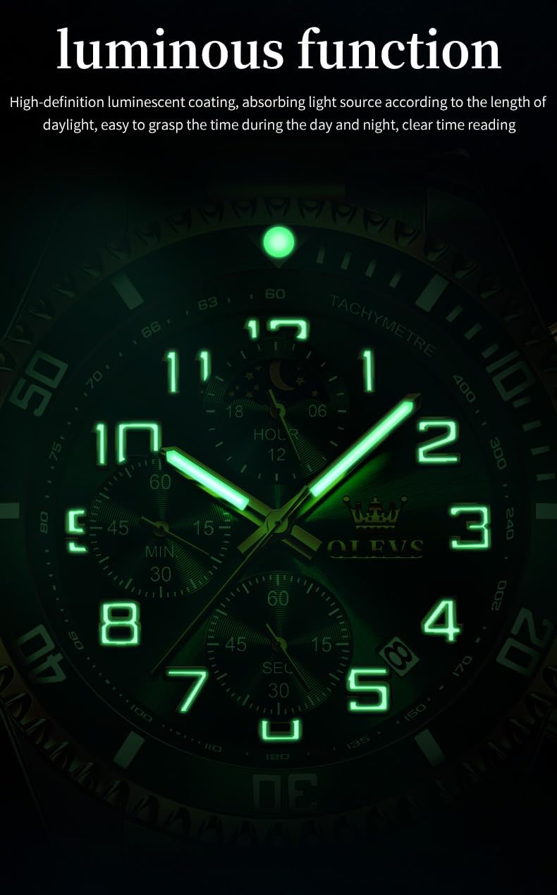 OLEVS Reloj de caballero Cronógrafo de lujo con fases de la luna, dos tonos, acero inoxidable, a prueba de agua, luminiscente, calendario empresarial, reloj de pulsera