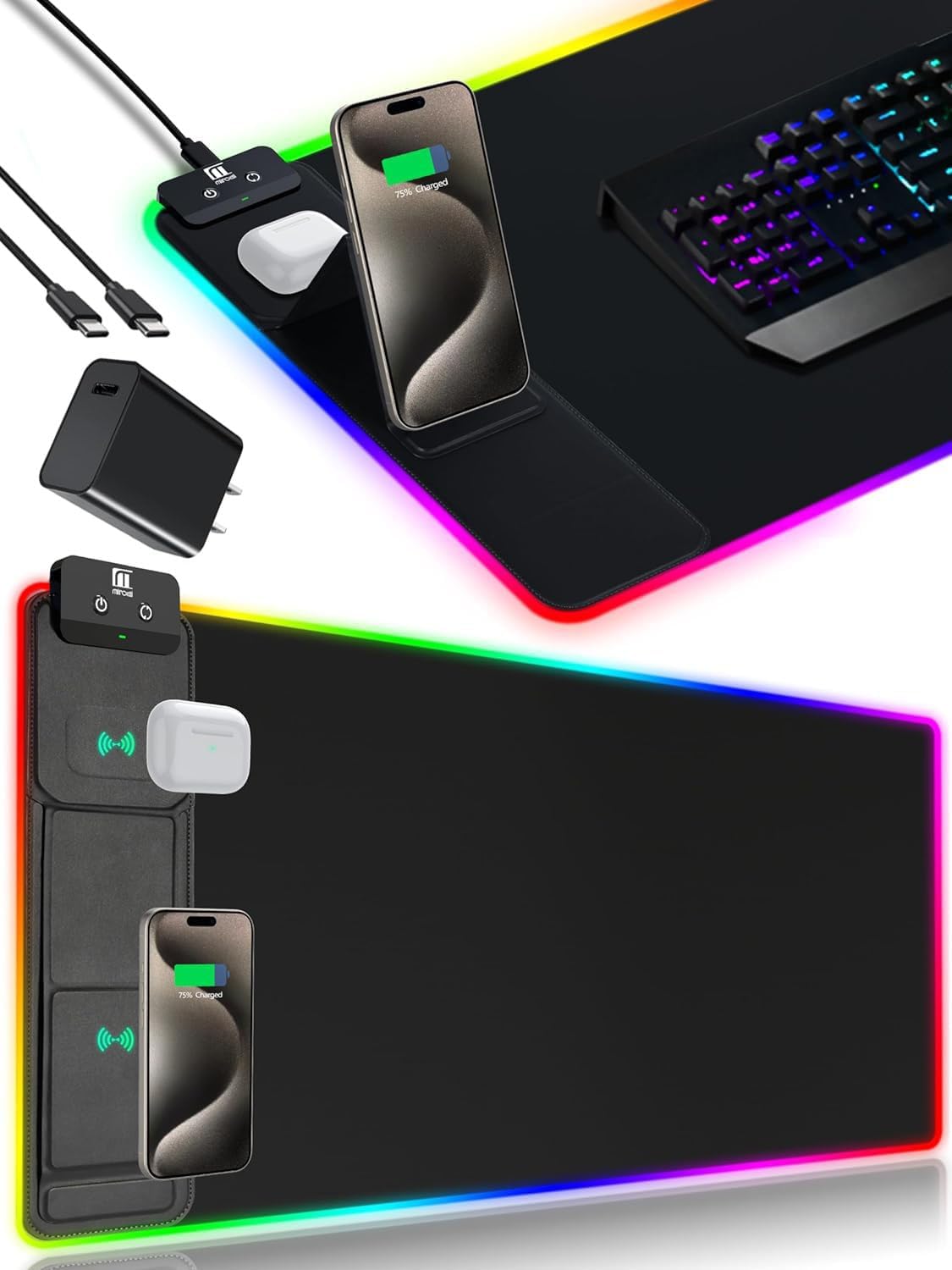Alfombrilla de mouse XXL con soporte para teléfono, negro, alfombrilla de escritorio RGB con carga rápida de 15 W, alfombrilla de mouse LED para juegos con 11 colores de luz, almohadilla antideslizante impermeable para oficina y hogar (negro con adaptador