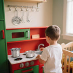 Juego de 13 piezas de accesorios de cocina para niños, ollas y sartenes de acero inoxidable, utensilios de cocina en carrito de drenaje, accesorios para niños de 3 años