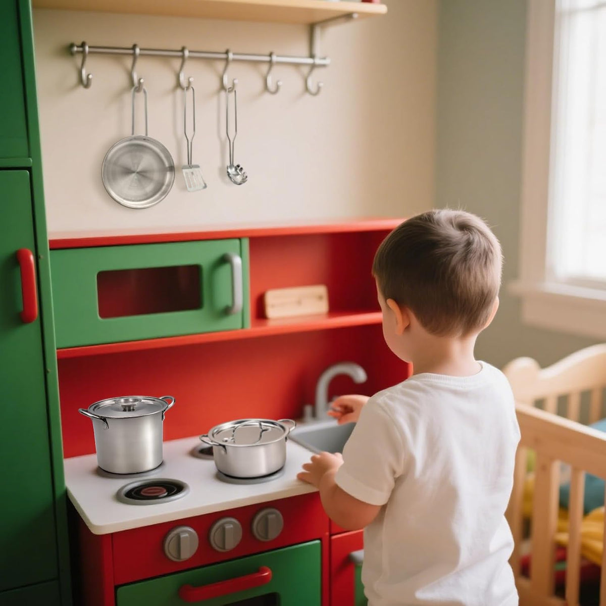 Juego de 13 piezas de accesorios de cocina para niños, ollas y sartenes de acero inoxidable, utensilios de cocina en carrito de drenaje, accesorios para niños de 3 años