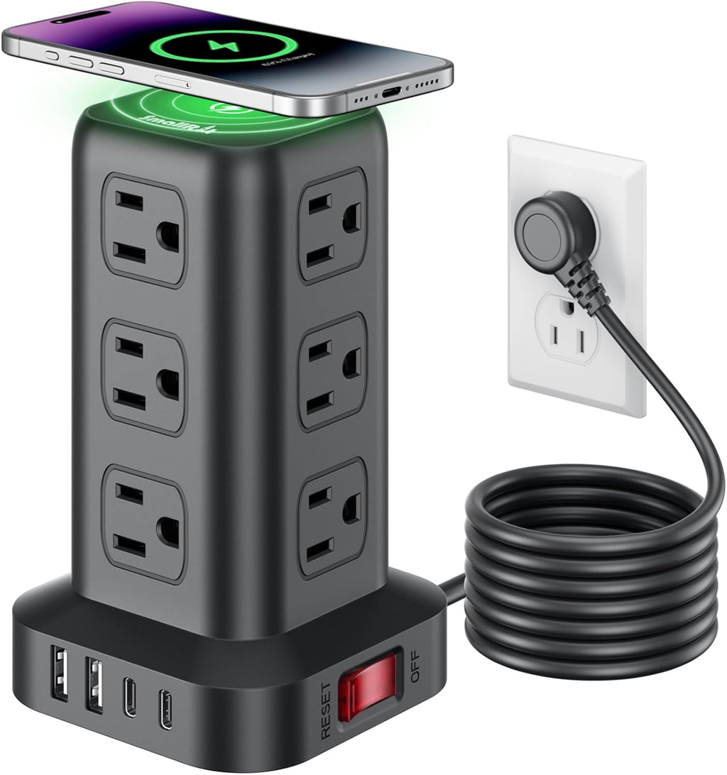 SMALLRT - Cable de extensión con múltiples tomas, torre de regleta de alimentación con protector de sobretensiones, extensor de salida con 12 salidas de CA, 4 USB, cable de extensión de 6.5 pies para