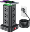 SMALLRT - Cable de extensión con múltiples tomas, torre de regleta de alimentación con protector de sobretensiones, extensor de salida con 12 salidas de CA, 4 USB, cable de extensión de 6.5 pies para
