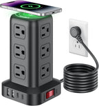 SMALLRT - Cable de extensión con múltiples tomas, torre de regleta de alimentación con protector de sobretensiones, extensor de salida con 12 salidas de CA, 4 USB, cable de extensión de 6.5 pies para