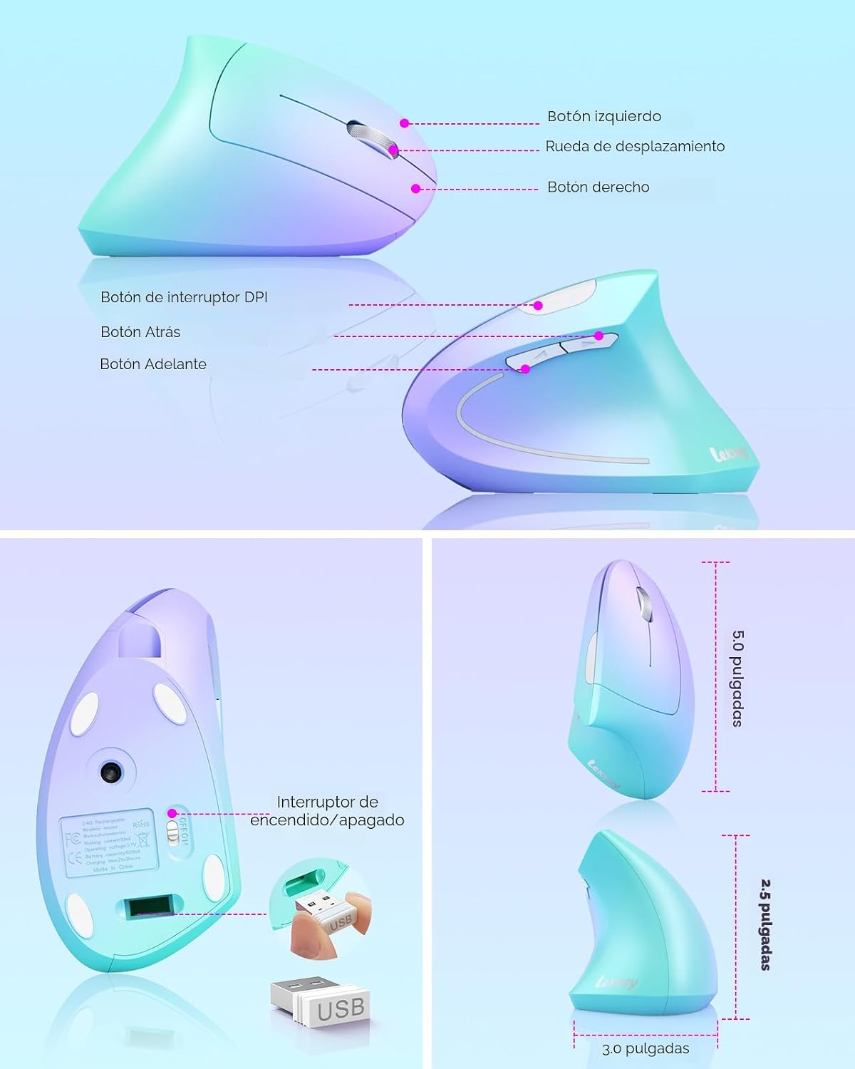 Lekvey Ratón ergonómico, ratón vertical inalámbrico, ratón recargab...