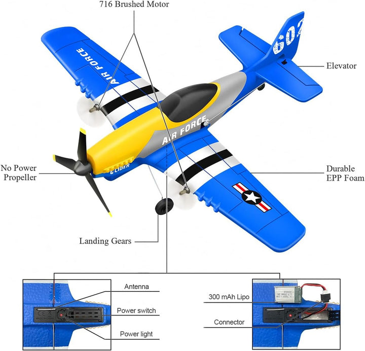 HAWK'S WORK Avión RC P-51D Mustang de 3 canales, avión de contr...
