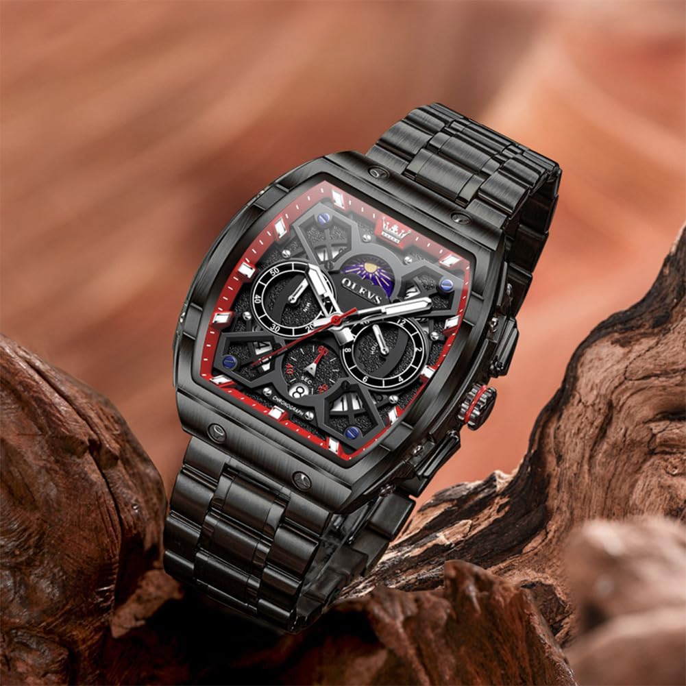 OLEVS Reloj para Hombres Analógico Cuarzo Lujo Diamante Resistente al Agua Cronógrafo Acero Inoxidable Carita Grande Cuadrado Fecha Fase Lunar Romano Relojes de Vestir para Hombres