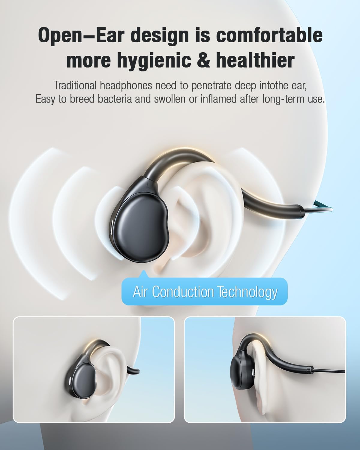 Auriculares de oreja abierta de 0.138 in con micrófono, conexión USB de 0.138 in+conexión USB, auriculares con cable de conducción de aire con sonido premium, auriculares USB ultraligeros perfectos para teléfonos, tabletas, altavoces de PC, color negro