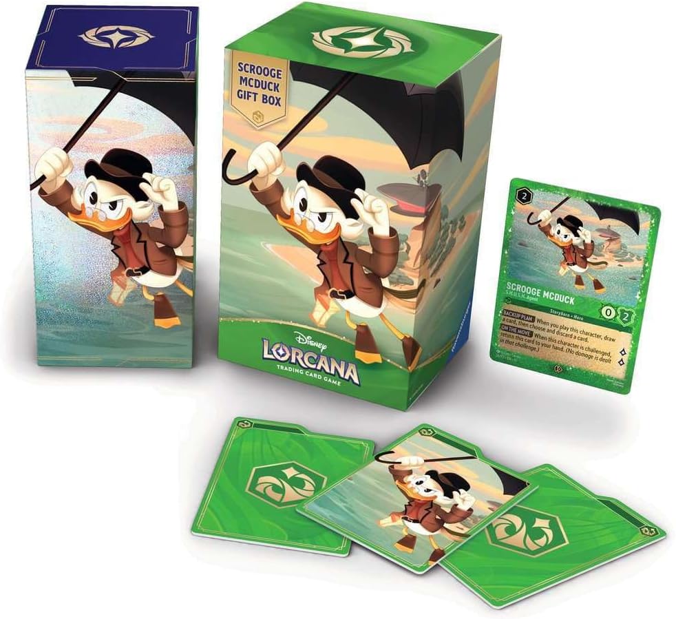 Ravensburger Disney Lorcana TCG: Scrooge McDuck - Tarjeta promocional de papel de aluminio brillante, 5 paquetes de refuerzo surtidos, caja de almacenamiento y divisores, juego de cartas coleccionables de Disney, a partir de 8 años