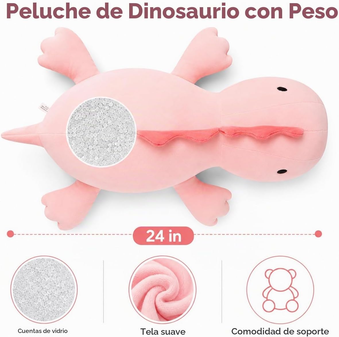 Almohada de felpa de dinosaurio con peso de 24 pulgadas, 3.5 libras, animal de peluche con peso de dinosaurio rosa, peluches para cumpleaños de niños