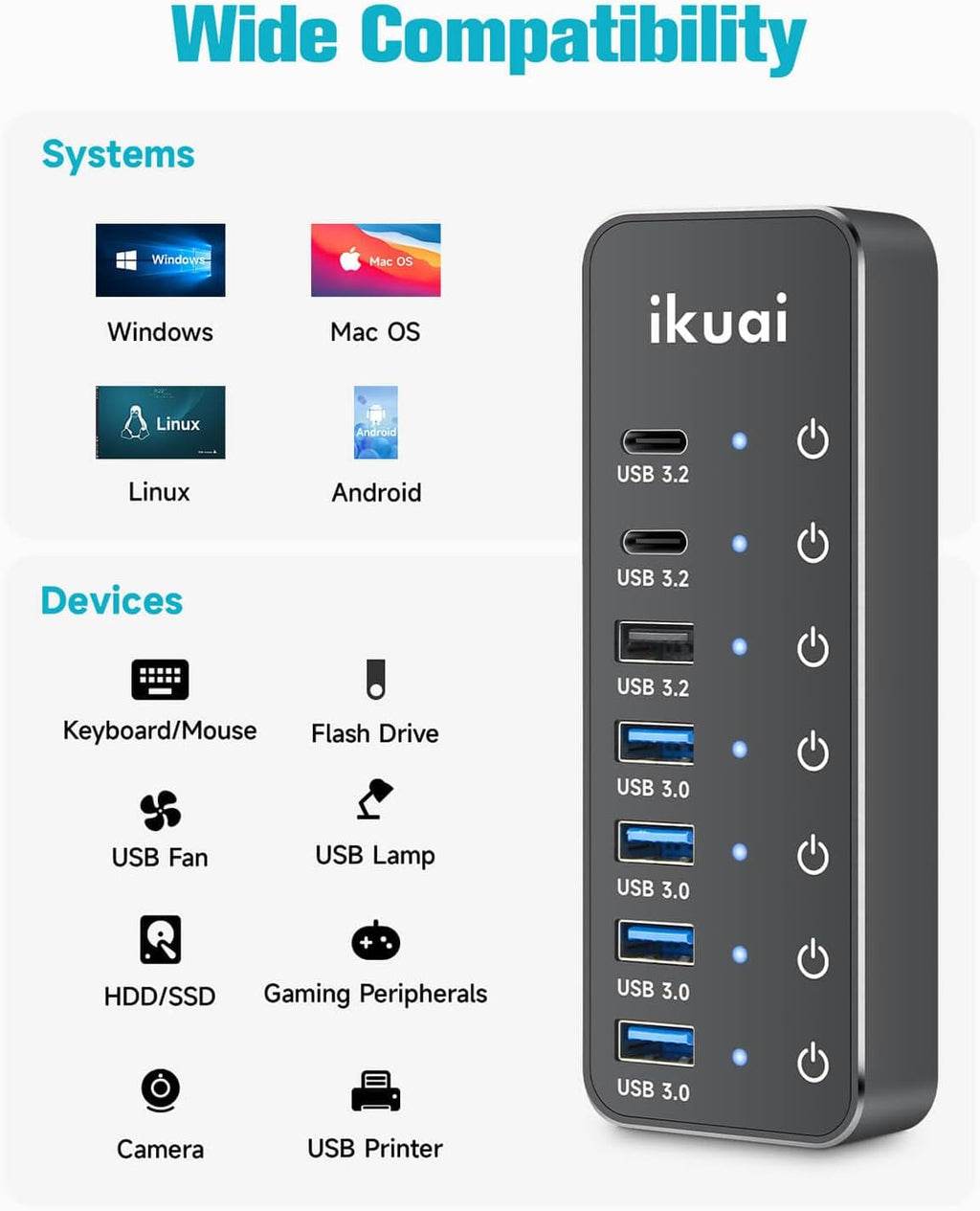 ikuai, hub USB 3.2 de 7 puertos, alimentado, adaptador 5V/3A