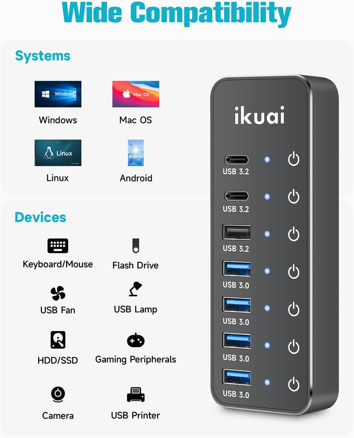 ikuai, hub USB 3.2 de 7 puertos, alimentado, adaptador 5V/3A