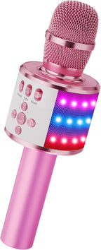BONAOK Micrófono de karaoke para niños y adultos, micrófonos Bluetooth, micrófono para cantar con luces de discoteca, efecto eco, altavoz integrado, reproductor de karaoke portátil para regalos de fiesta de viaje Q78 (rosa claro)
