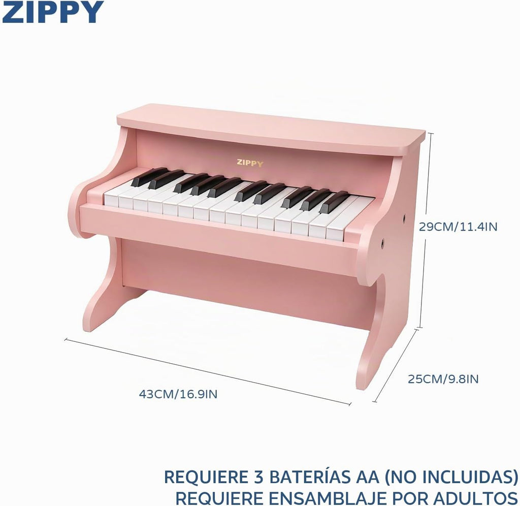 ZIPPY Teclado de piano para niños, piano digital de 25 teclas para niños, mini instrumento educativo musical, juguete de madera para niños y niñas (rosa)